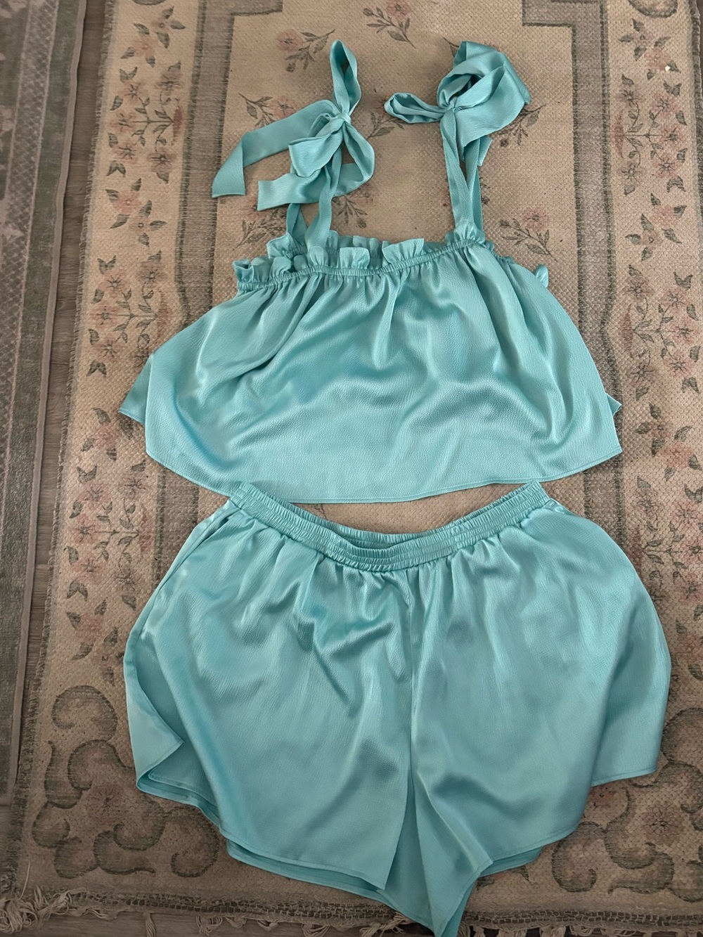 Eloquii Aqua Tie-Shoulder Satin like Set